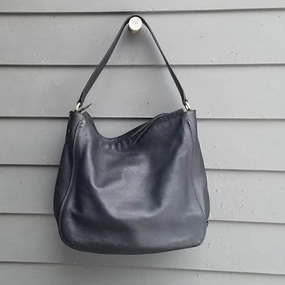 Cole Haan Black Pebbled Leather Hobo Bag with Outside Zip Pocket